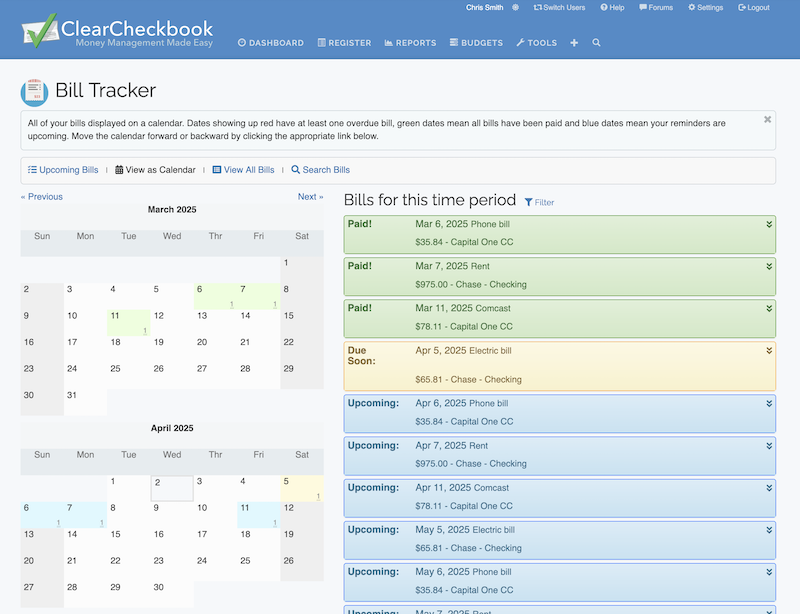 ClearCheckbook Bill Tracker
