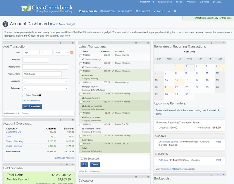 ClearCheckbook Account Dashboard
