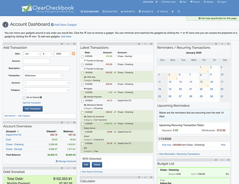 ClearCheckbook Account Dashboard