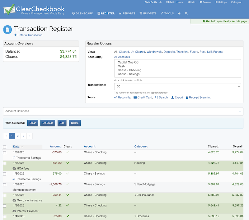 ClearCheckbook Account Reconciling