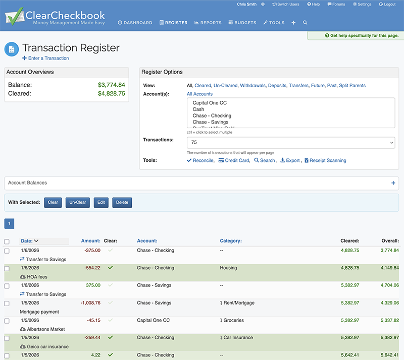 ClearCheckbook Account Reconciling