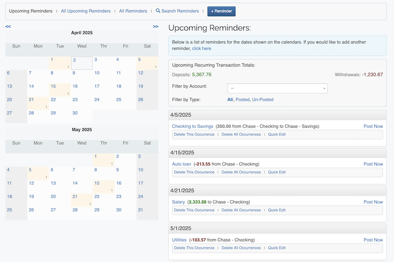 ClearCheckbook Reminders and Recurring Transactions