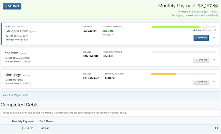 Debt Snowball Calculator - List of Debts