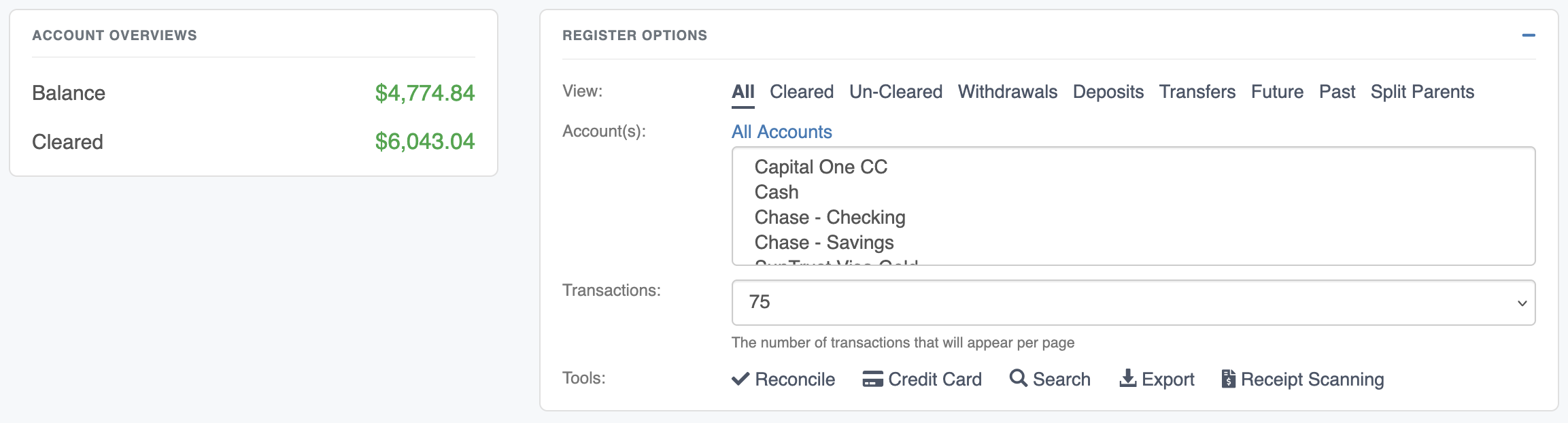 Account Balances and Register Options